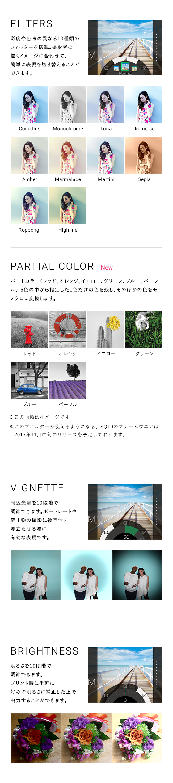 FILTER 彩度や色味の異なる10種類のフィルターを搭載。撮影者の描くイメージに合わせて、簡単に表現を切り替えることができます。　VIGNETTE 周辺光量を19段階で調節できます。ポートレートや静止物の撮影に被写体を際立たせる際に有効な表現です。　BRIGHTNESS　明るさを19段階で調節できます。プリント時に手軽に好みの明るさに補正した上で出力することができます。